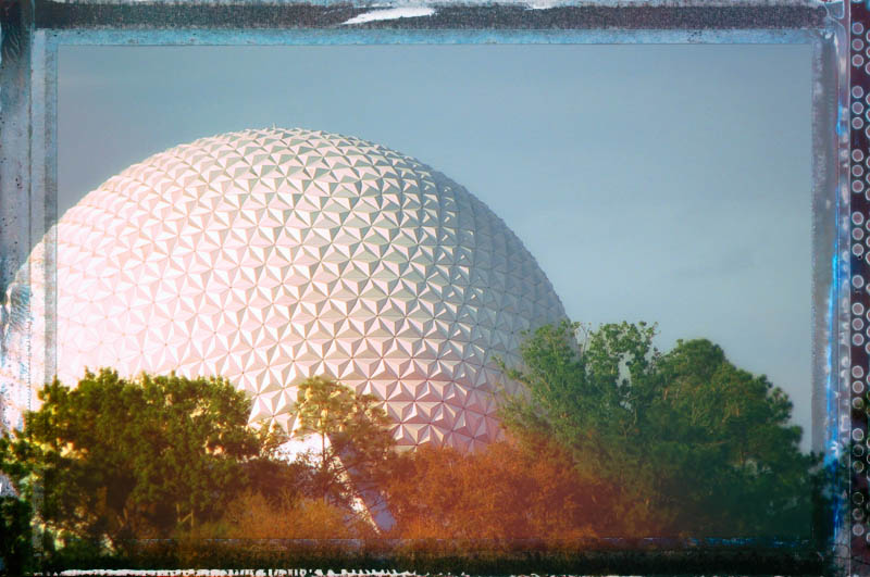 Spaceship Earth photographed in a stylized editorial frame