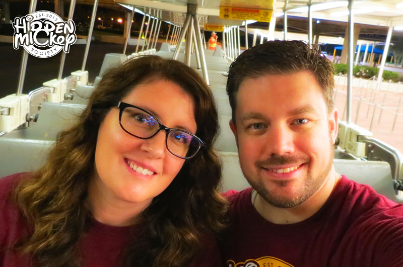 A Hidden Mickey Society couple riding late-night Disney transportation